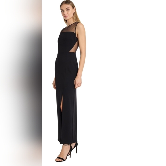 Donna Morgan Sleeveless Maxi Dress w/ Mesh Illusion Neckline & Side Slit - 12 - Picture 4 of 6